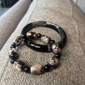 Black Flower Agate Beaded Bracelet and Bangle Set